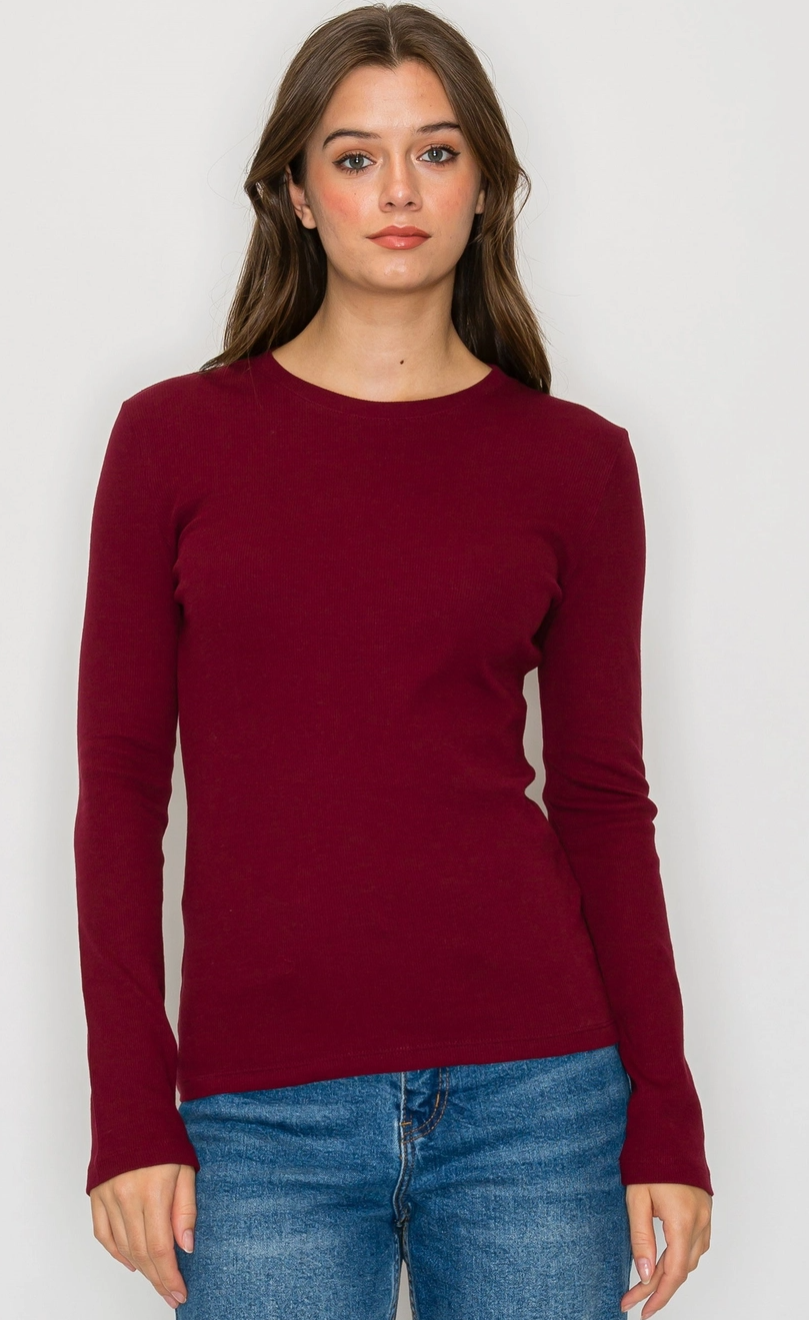 Mini Ribbed Long Sleeve Top - Burgundy