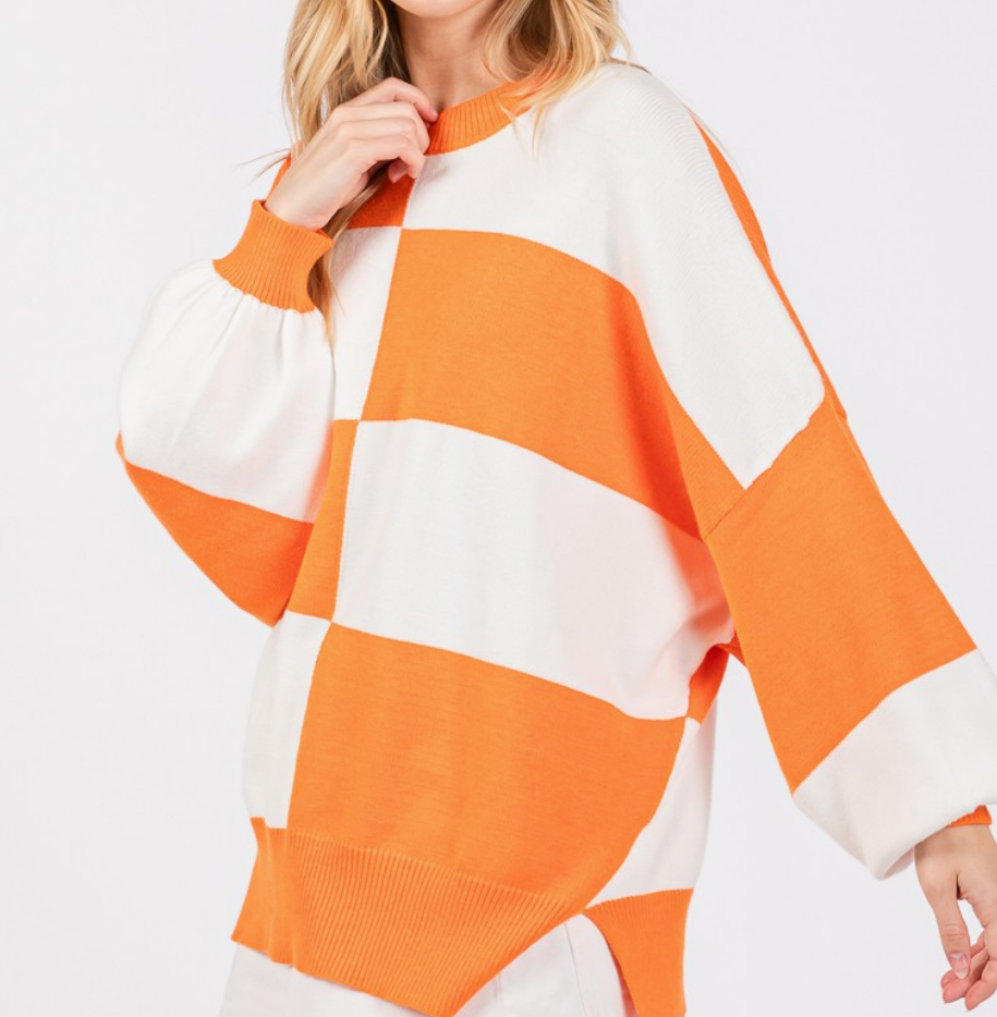 Game Day Checkered Sweater - Orange White