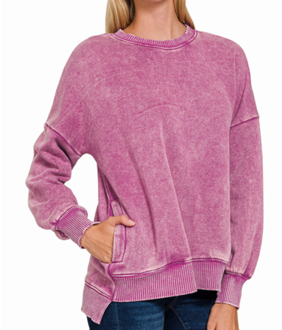 Acid Washed Pullover w-Pockets - Light Plum
