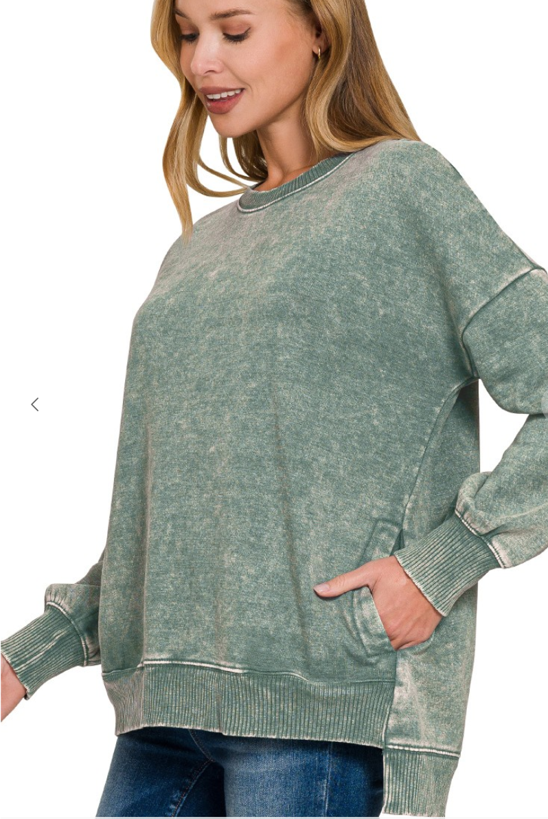 Acid Washed Pullover w-Pockets - Ash Jade