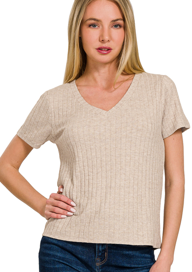 Ribbed Short Sleeve Top - Ash Mocha