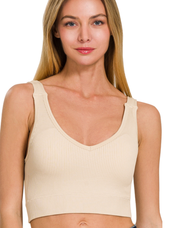 Ribbed Tank Padded Bralette - Sand Beige