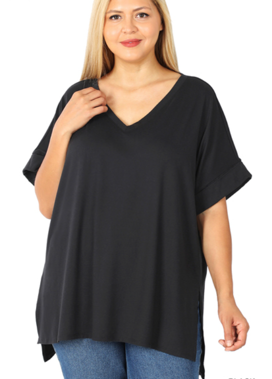 Short Sleeve V-Neck Hi-Lo Hem Relaxed Fit - Black