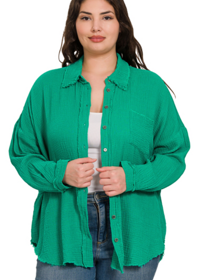 Cotton Oversized Long Sleeve Lightweight Top - Kelly Green