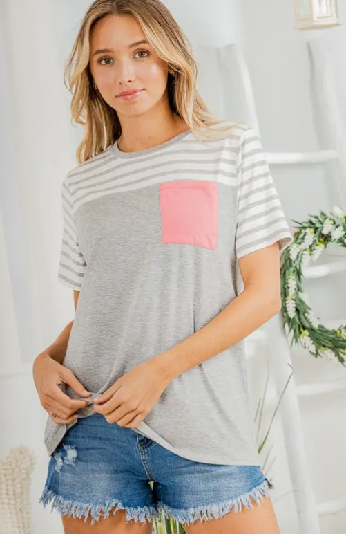 Grey Stripes Short Sleeve Top - Small to 3X