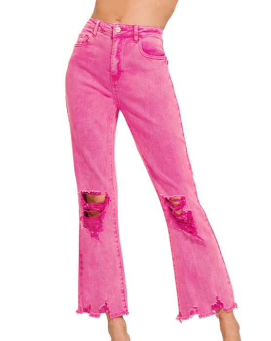 Distressed High Rise Jeans - Hot Pink