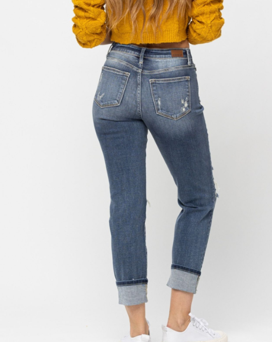 Judy Blue - Mid-Rise Cuffed Distressed Boyfriend Jeans