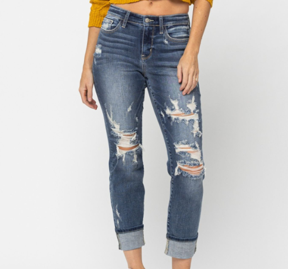 Judy Blue - Mid-Rise Cuffed Distressed Boyfriend Jeans