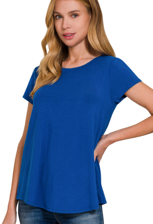 Round Neck Flowy Short Sleeve Top - Light Navy