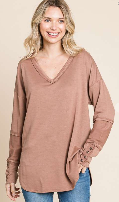 V-Neck Loose Fit Long Sleeve Top - Taupe