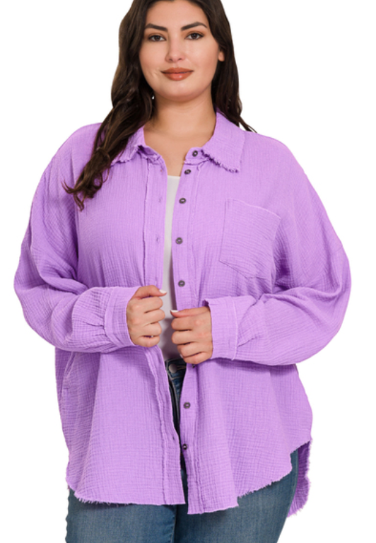Cotton Oversized Long Sleeve Lightweight Top - Lavender
