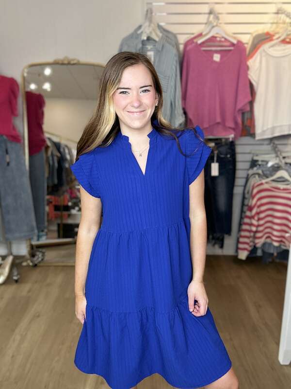 V-Neck Ruffle Short Sleeve Dress - Royal Blue