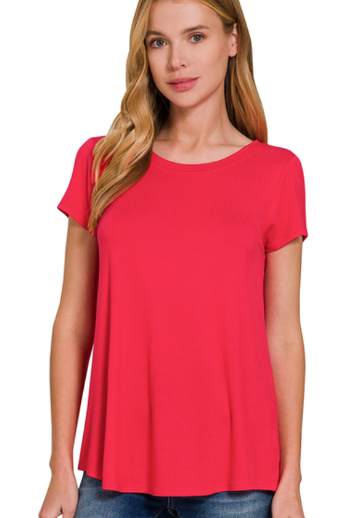 Round Neck Flowy Short Sleeve Top - Ruby