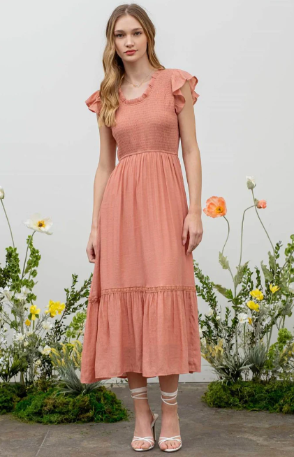 Scoop Neck Smocked Maxi Dress - Peach