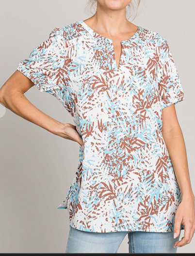 Tropical Short Sleeve Top - Blue and Brown