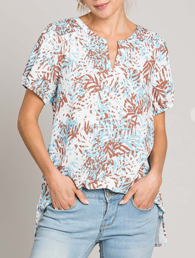 Tropical Short Sleeve Top - Blue and Brown