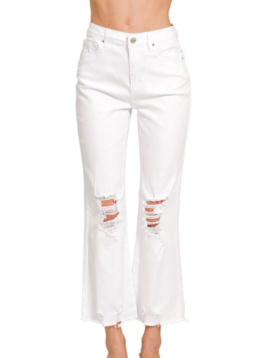 Distressed High Rise Jeans - White