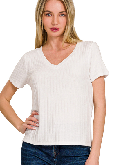 Ribbed Short Sleeve Top - Off White