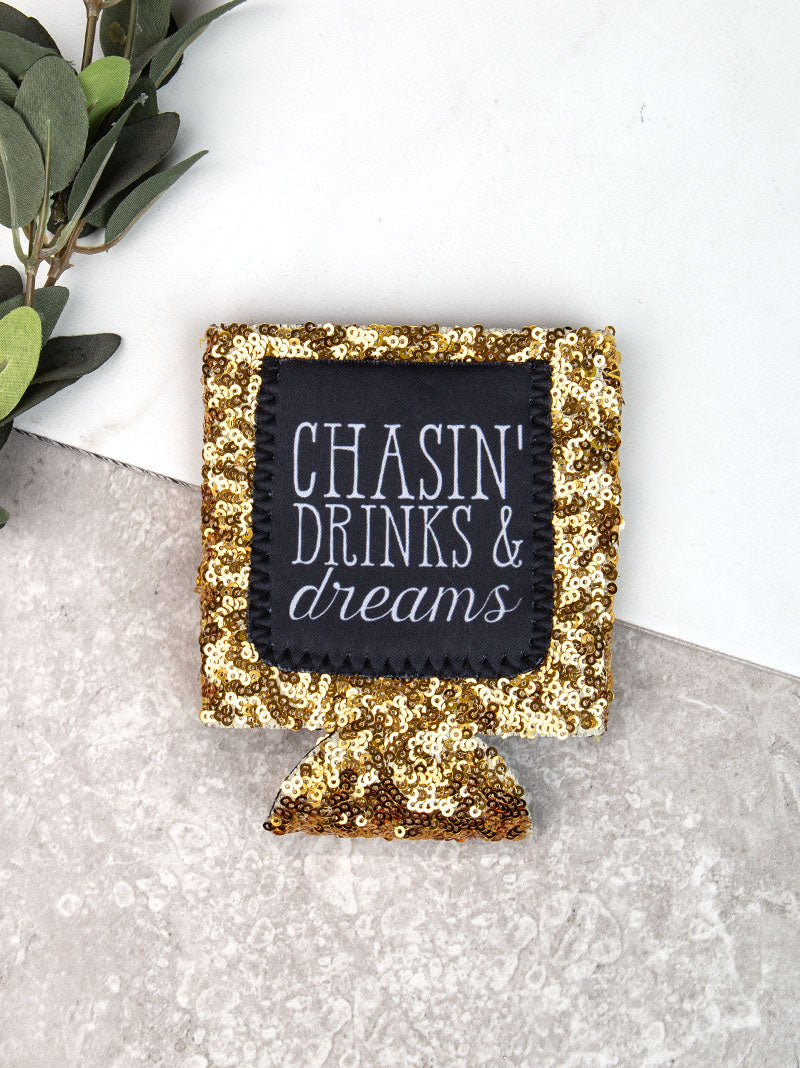 Chasin' Drinks & Dreams Gold Sequins Can Cooler