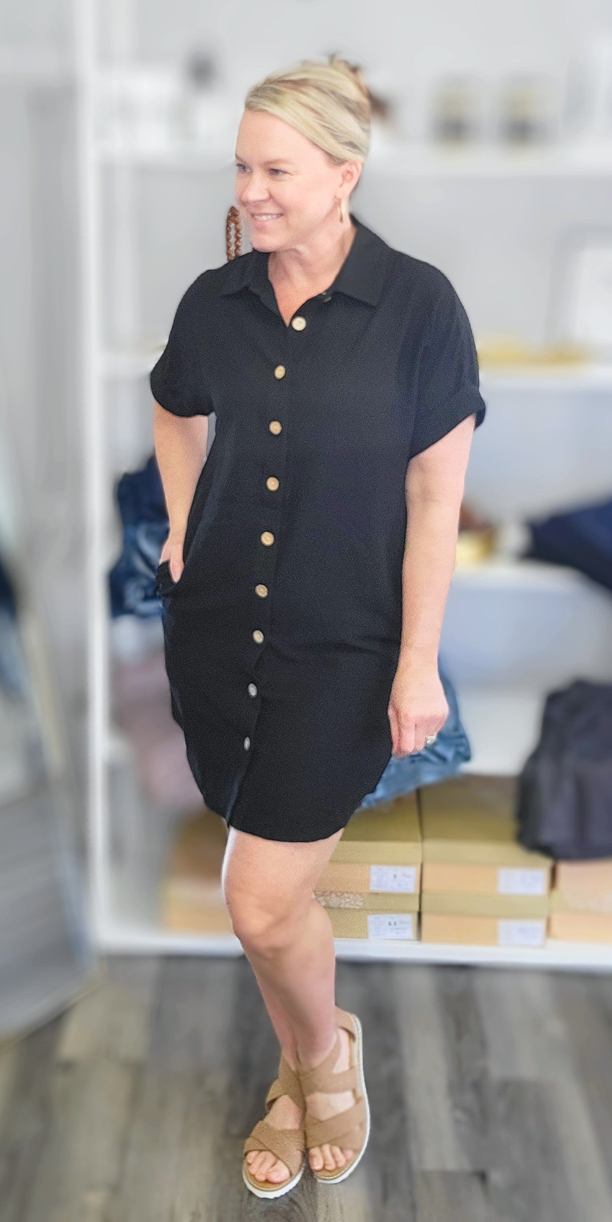 Button Down Short Sleeve Dress - Black