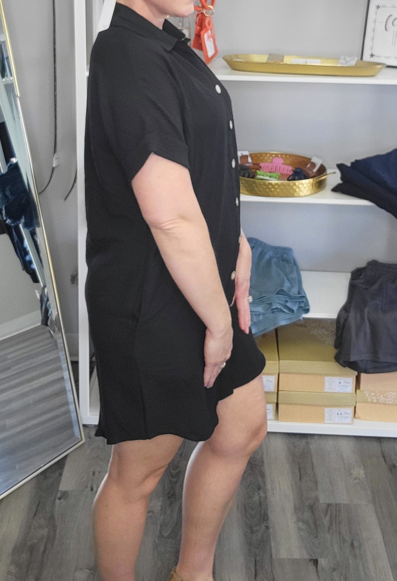Button Down Short Sleeve Dress - Black